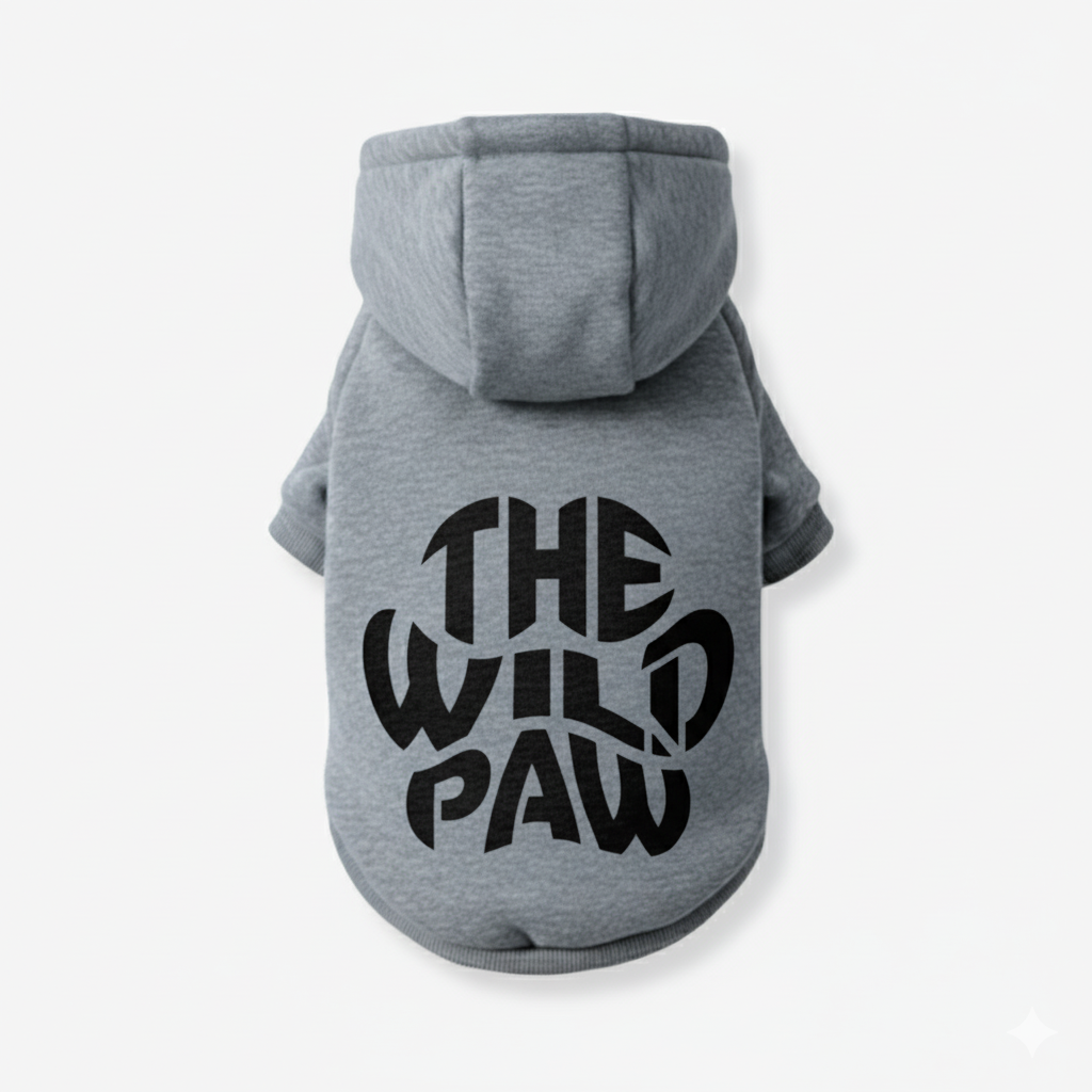 Gray dog hoodie the wild paw with a stylish logo on the back for cozy pet wear