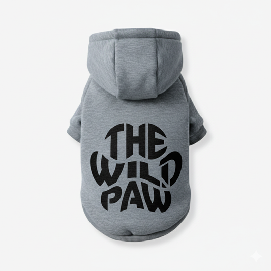Gray dog hoodie the wild paw with a stylish logo on the back for cozy pet wear