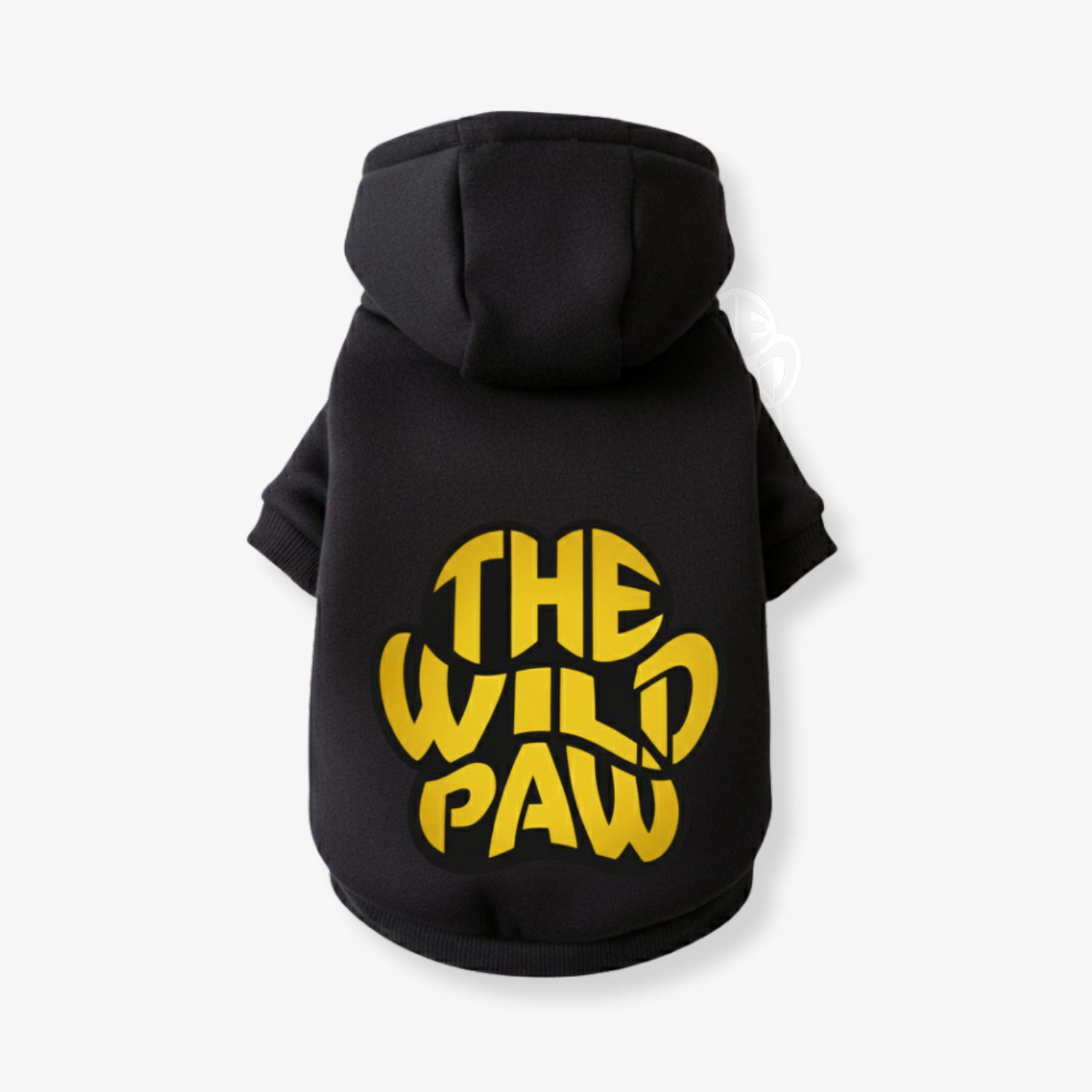 Black dog hoodie with hood featuring The Wild Paw logo in yellow on the back