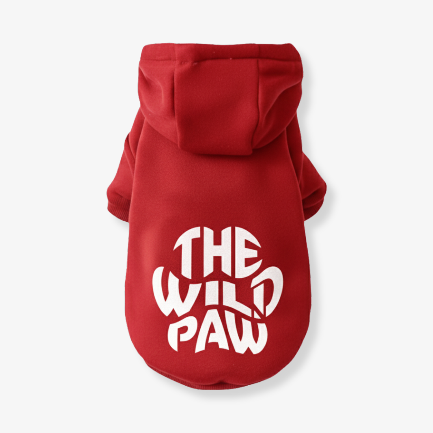 Red dog hoodie with hood featuring The Wild Paw logo for stylish pet wear