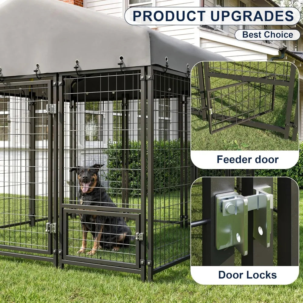 Tail Chasers Dog Kennel with durable metal construction, feeder door, and secure door locks for pet safety