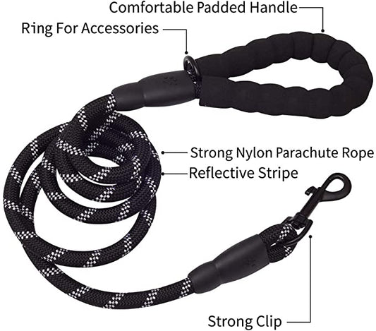6 ft dog leash for large dogs with a padded handle and strong nylon rope for comfort and durability