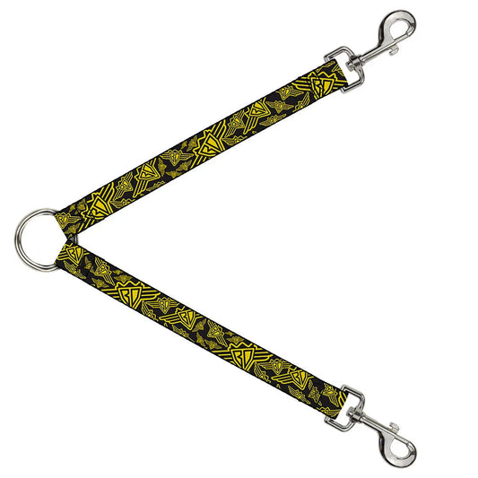Black and yellow Buckle-Down dog leash splitter with scattered BD logo, priced at $24.95, perfect for walking two dogs.