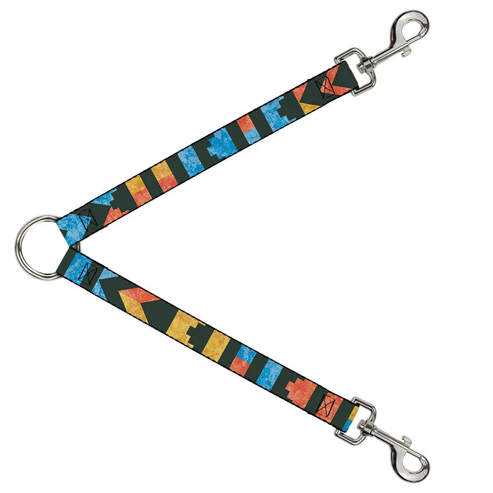 Dog Leash Splitter by Buckle-Down in geometric charcoal, orange, gold, and blue, perfect for stylish dog walks.