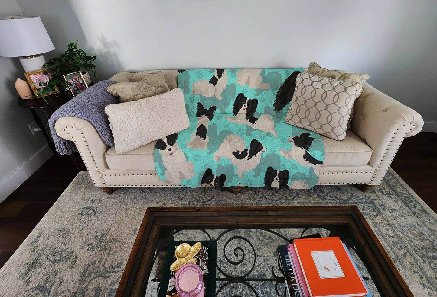 Purrfect Pet Kingdom dog lover gift blanket 50x60 with dog pattern draped on beige couch