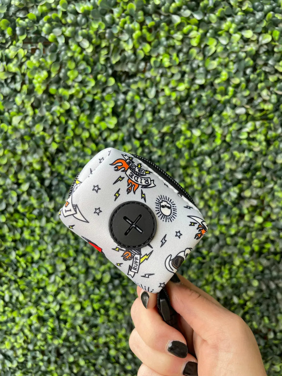 Dog Poop Bag Holder "Bad to the Bone" in edgy biker print by Purrfect Pet Kingdom, perfect for stylish pet owners, $12.99.