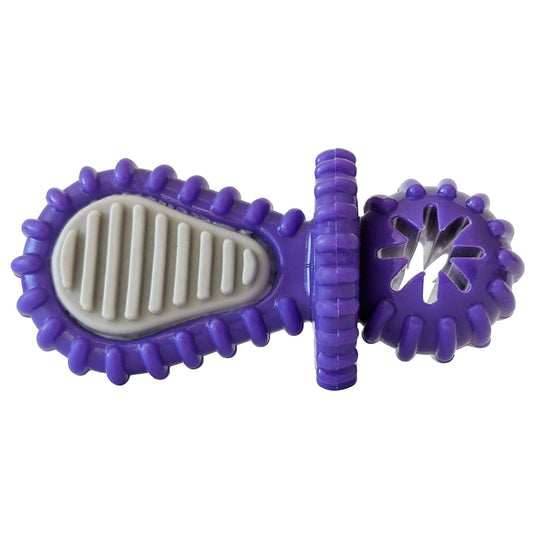 Purple dog teeth cleaning toy with ridges designed to promote dental health and fight plaque