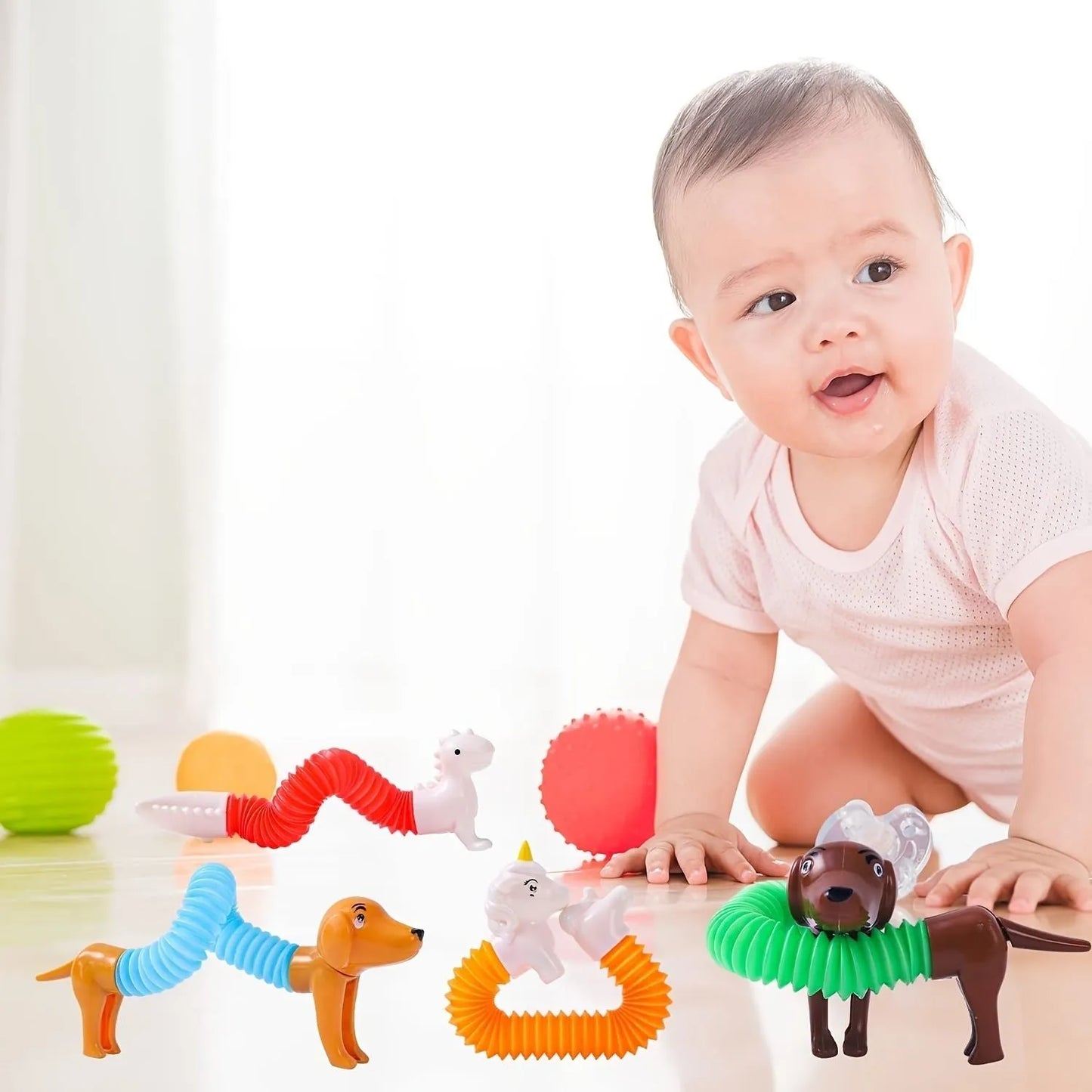 Colorful 4-pack Dog Telescopic Tubes by Berry Charmz, perfect sensory fidget toys for kids and toddlers, featuring playful...