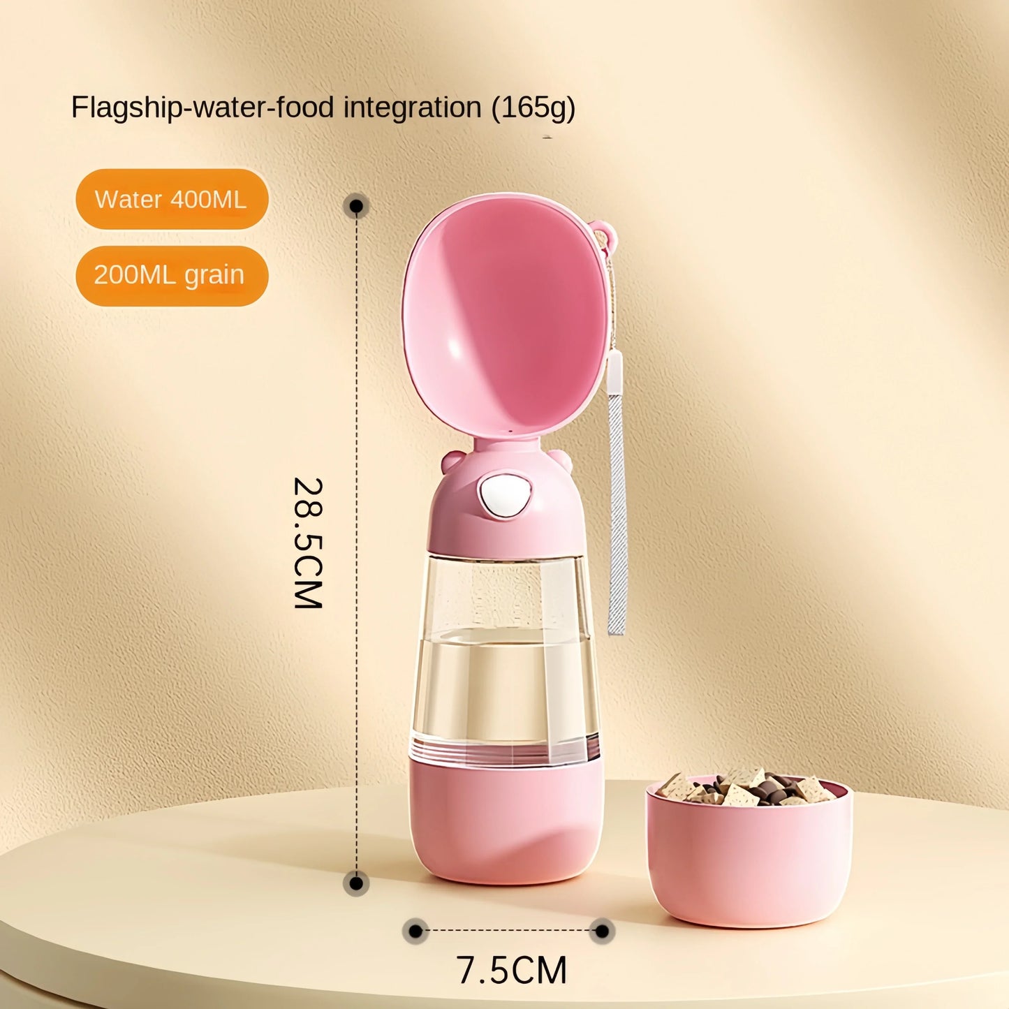 Pink dog travel water food dispenser with 400ml water container and 200ml food compartment