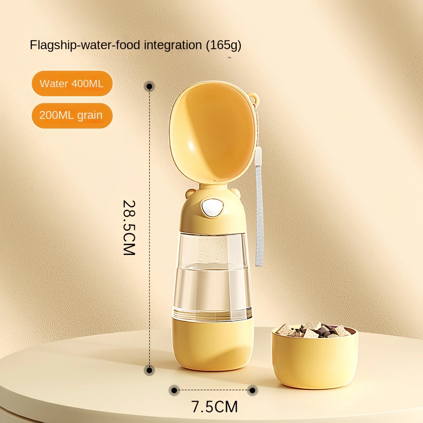 Yellow dog travel water food dispenser with 400ML water capacity and storage for 200ML of food