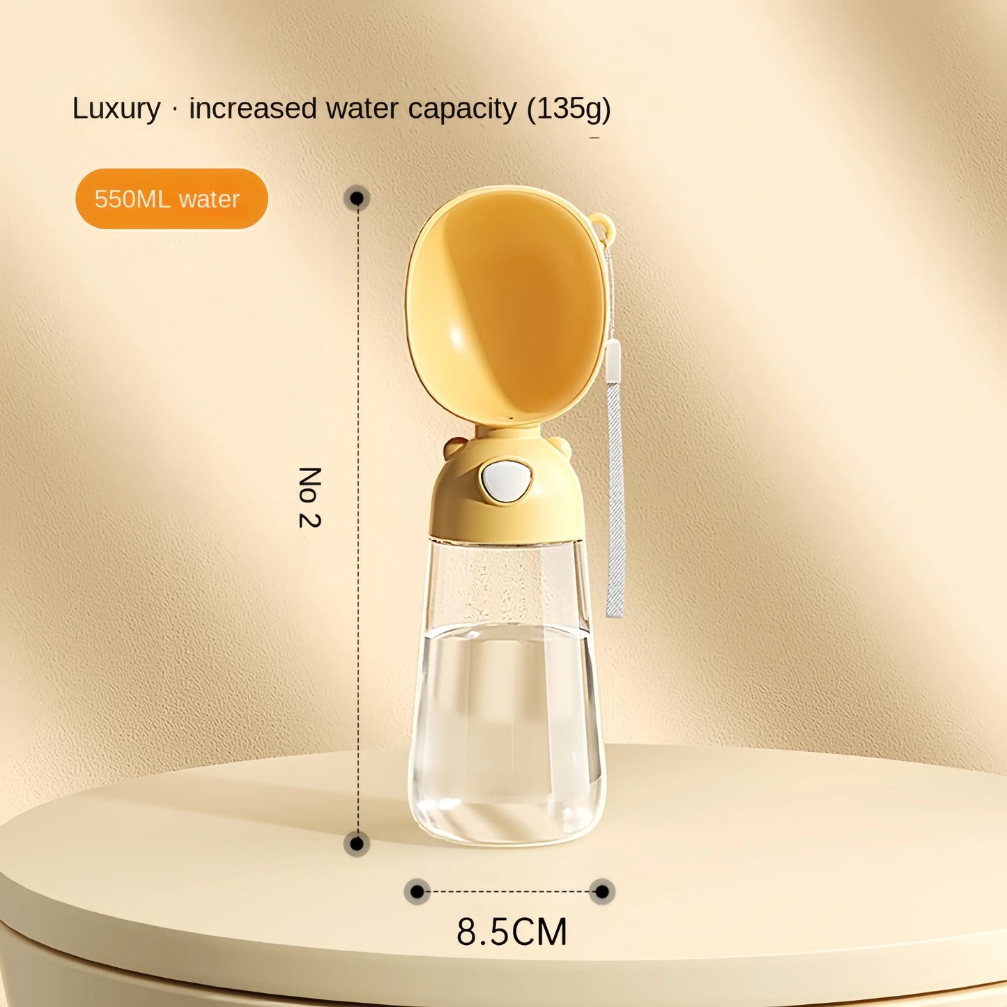 Yellow dog travel water food dispenser with 550ML capacity for convenient pet hydration