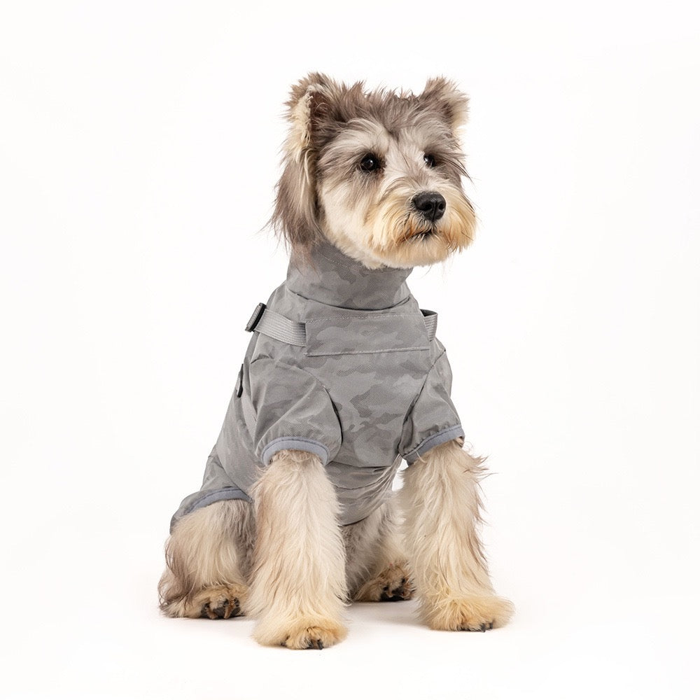 Purrfect Pet Kingdom dog waterproof reflective jacket in gray, ideal for rainy walks and visibility