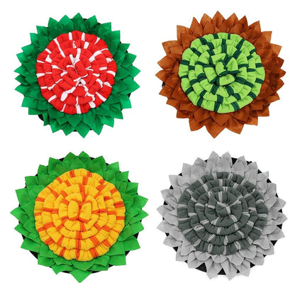 Purrfect Pet Kingdom colorful dog enrichment feeding mat set with four flower-shaped snuffle mats