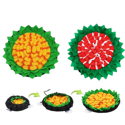 Purrfect Pet Kingdom dog enrichment feeding mat in sunflower design with green petals and vibrant yellow and red centers