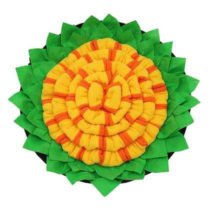 Purrfect Pet Kingdom colorful flower-shaped dog enrichment feeding mat with layered green and yellow fabric petals
