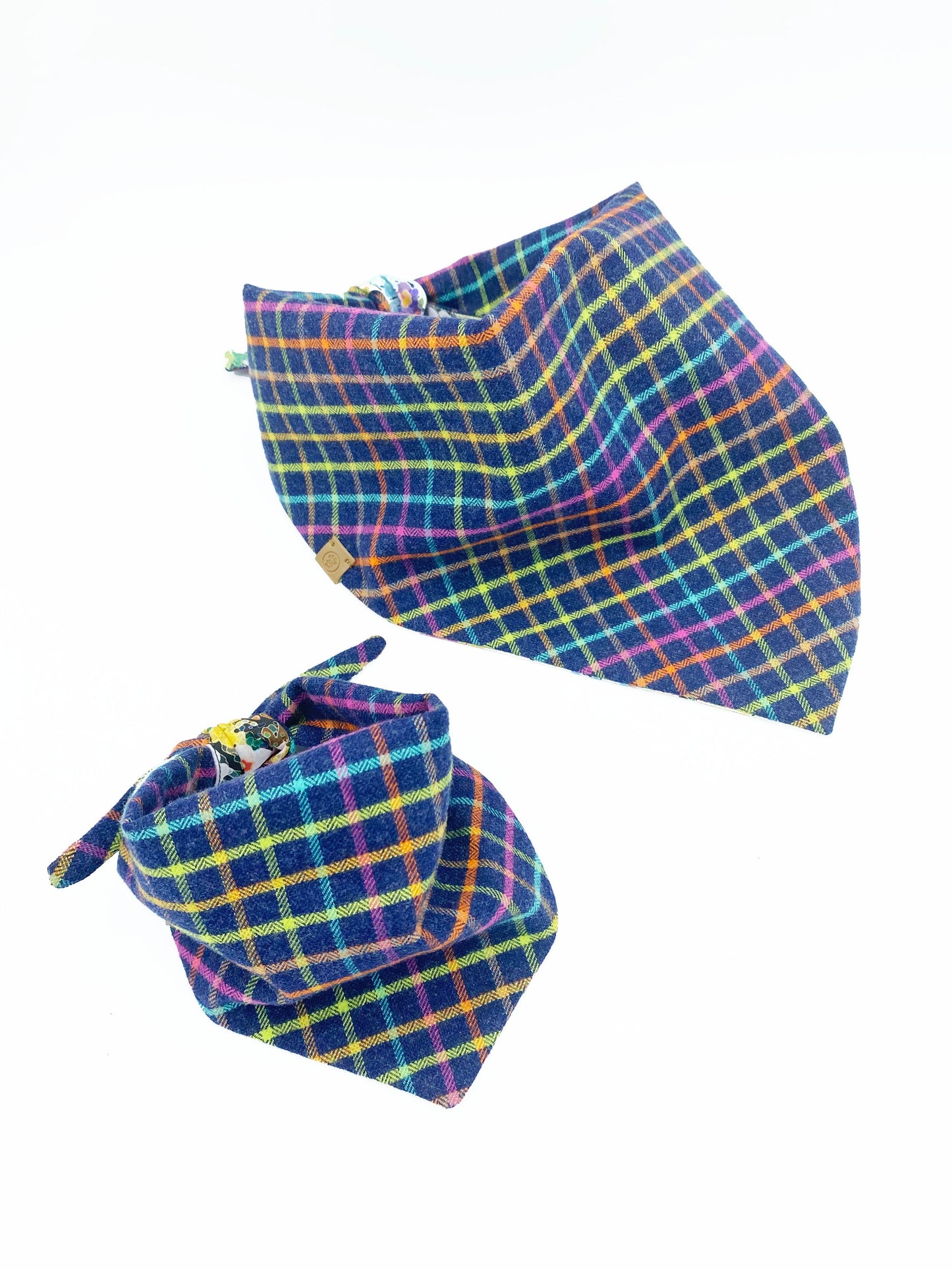 Bespoke Paws double-sided dog scarf in colorful plaid design for stylish pets