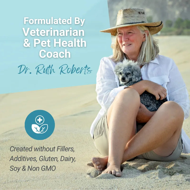 Hista Paws by Dr. Ruth Roberts, a vitamin supplement for dogs and cats, available in a 49.99 size, promoting pet health.