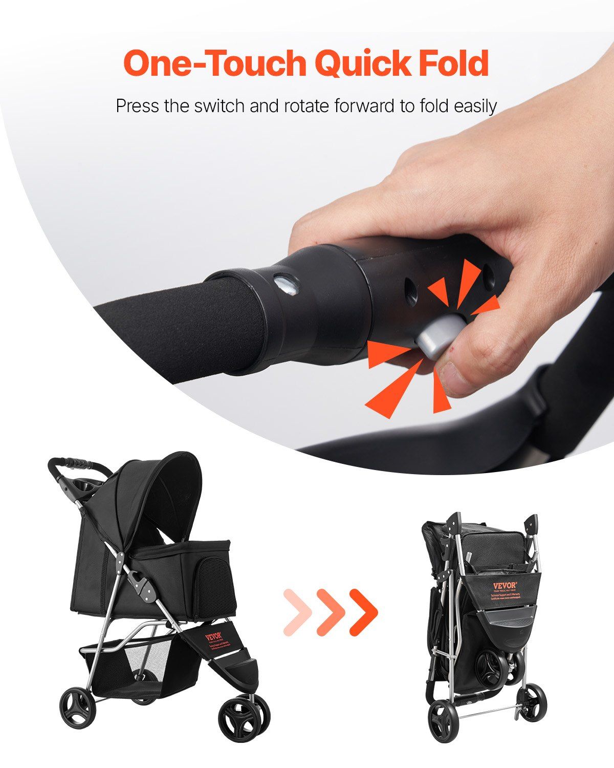 Pet Stroller Foldable 3 Wheels Dog Stroller with Brake up to