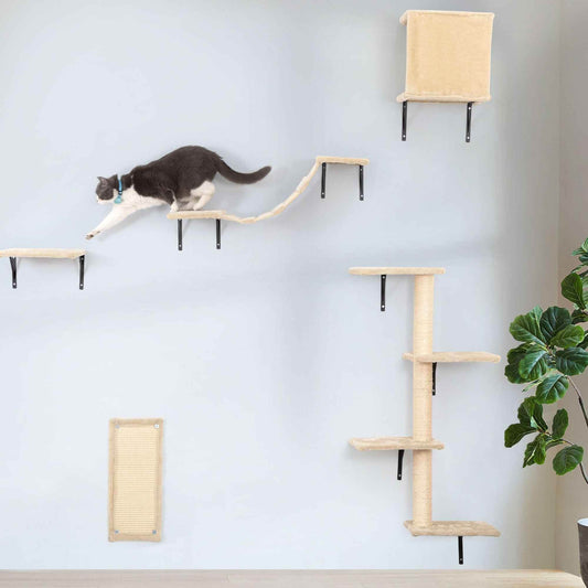 Purrfect Pet Kingdom Cat Wall Shelves Set – Elevated Perches & Scratching Posts Beige Purrfect Pet Kingdom