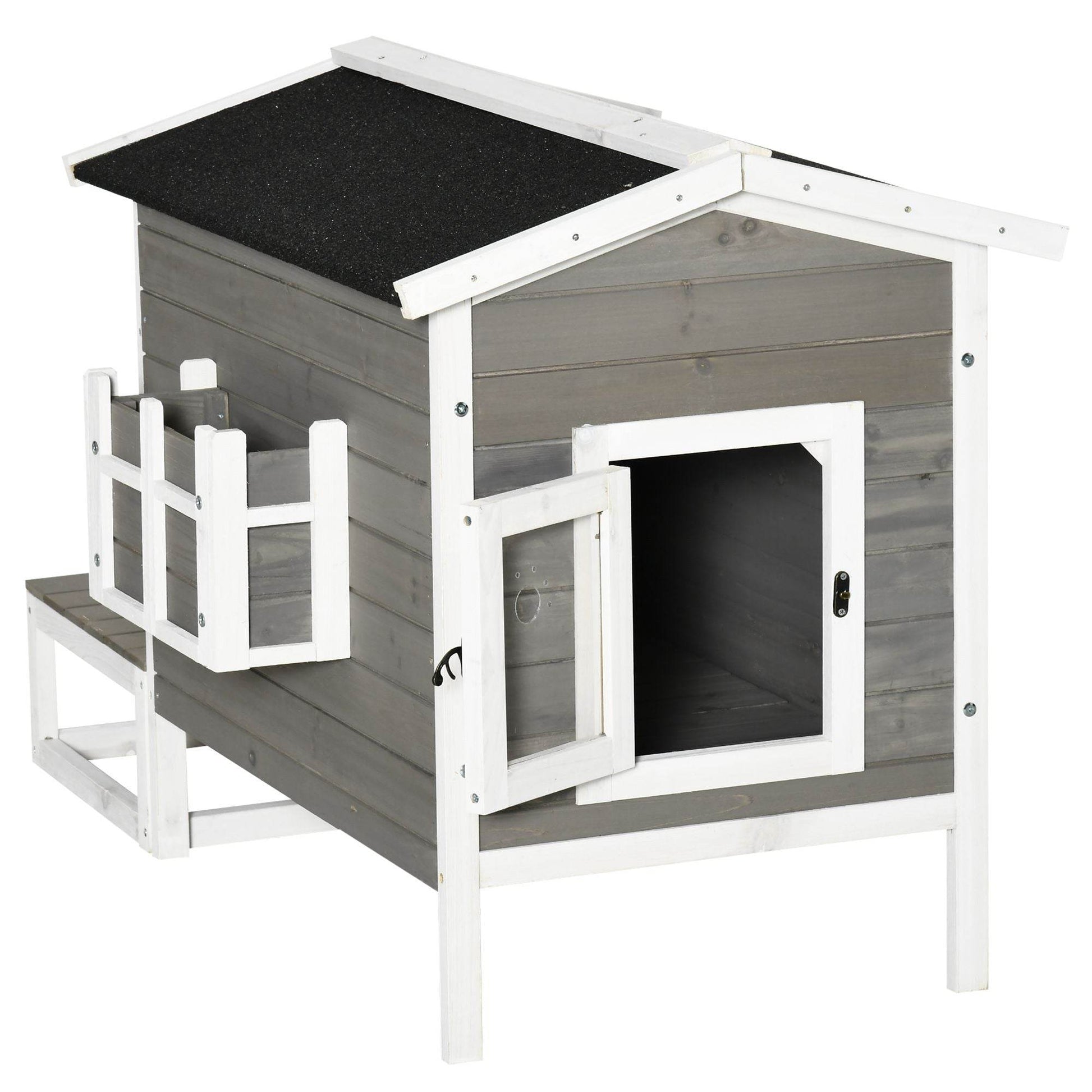 Weatherproof Outdoor Cat House with Porch & Escape Door - Feral Cat Shelter with Plant Stand | Dark Grey/White Wood Construction - Purrfect Pet Kingdom