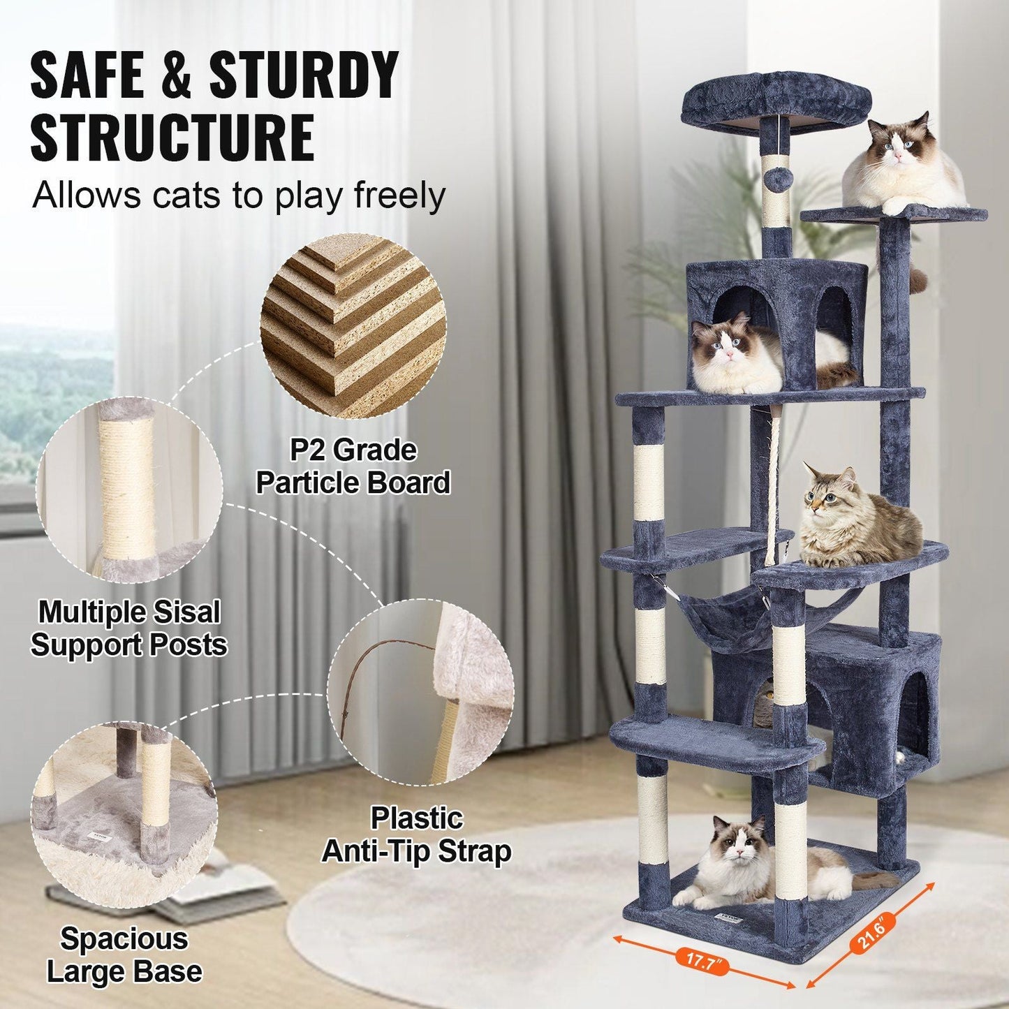 Cat Tree 72" Cat Tower with 2 Cat Condos Sisal Scratching Post Dark Grey - Cat Trees & Towers - Berry Charmz