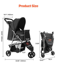 Pet Stroller Foldable 3 Wheels Dog Stroller with Brake up to