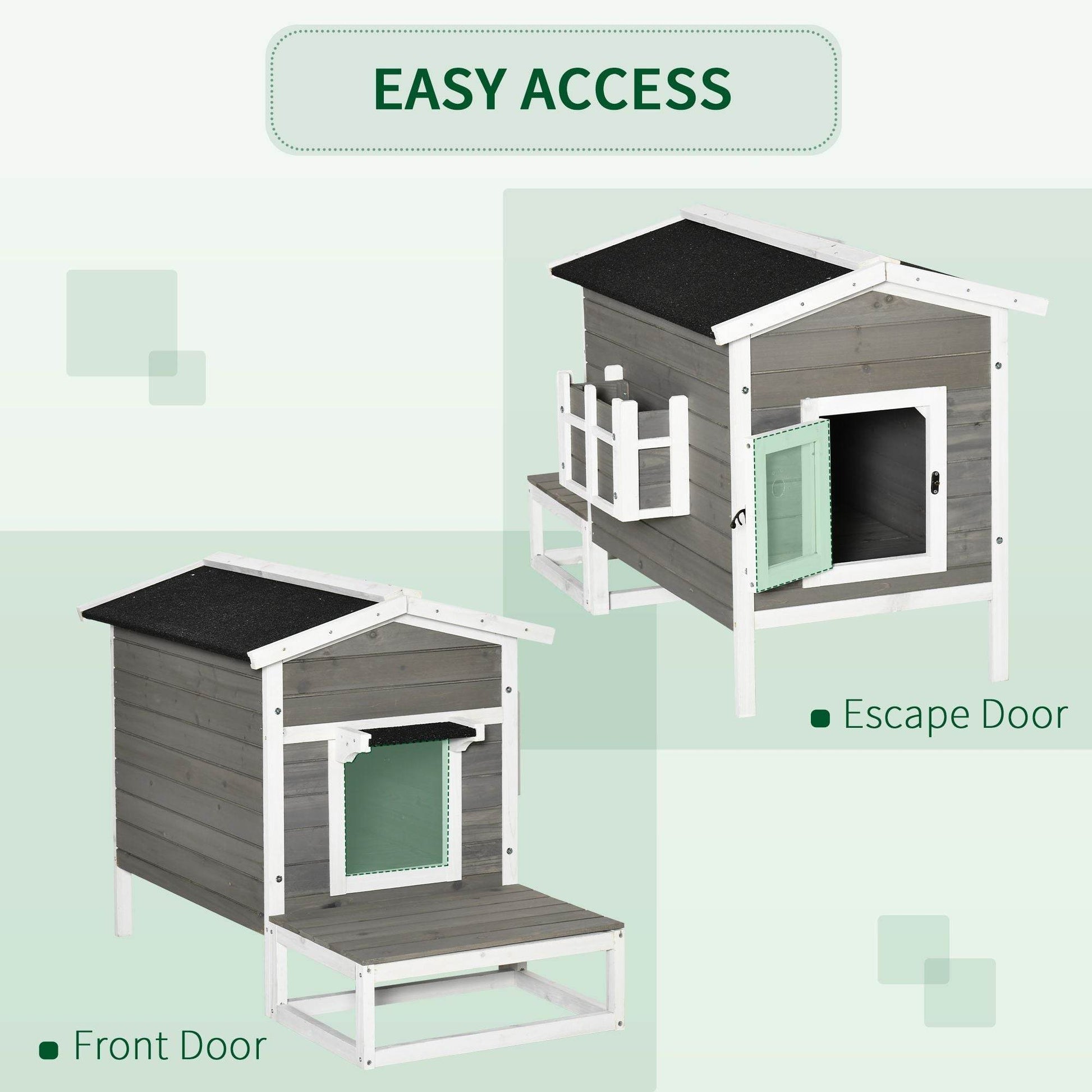 Weatherproof Outdoor Cat House with Porch & Escape Door - Feral Cat Shelter with Plant Stand | Dark Grey/White Wood Construction - Purrfect Pet Kingdom