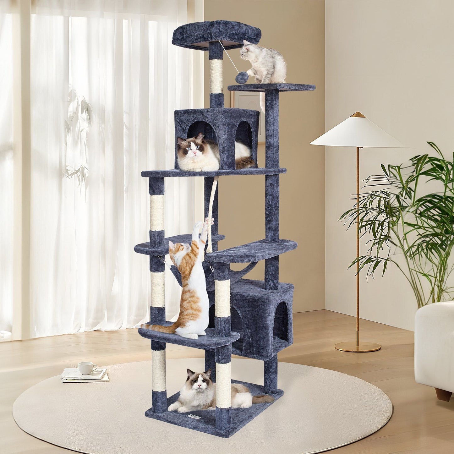 Cat Tree 72" Cat Tower with 2 Cat Condos Sisal Scratching Post Dark Grey - Cat Trees & Towers - Berry Charmz