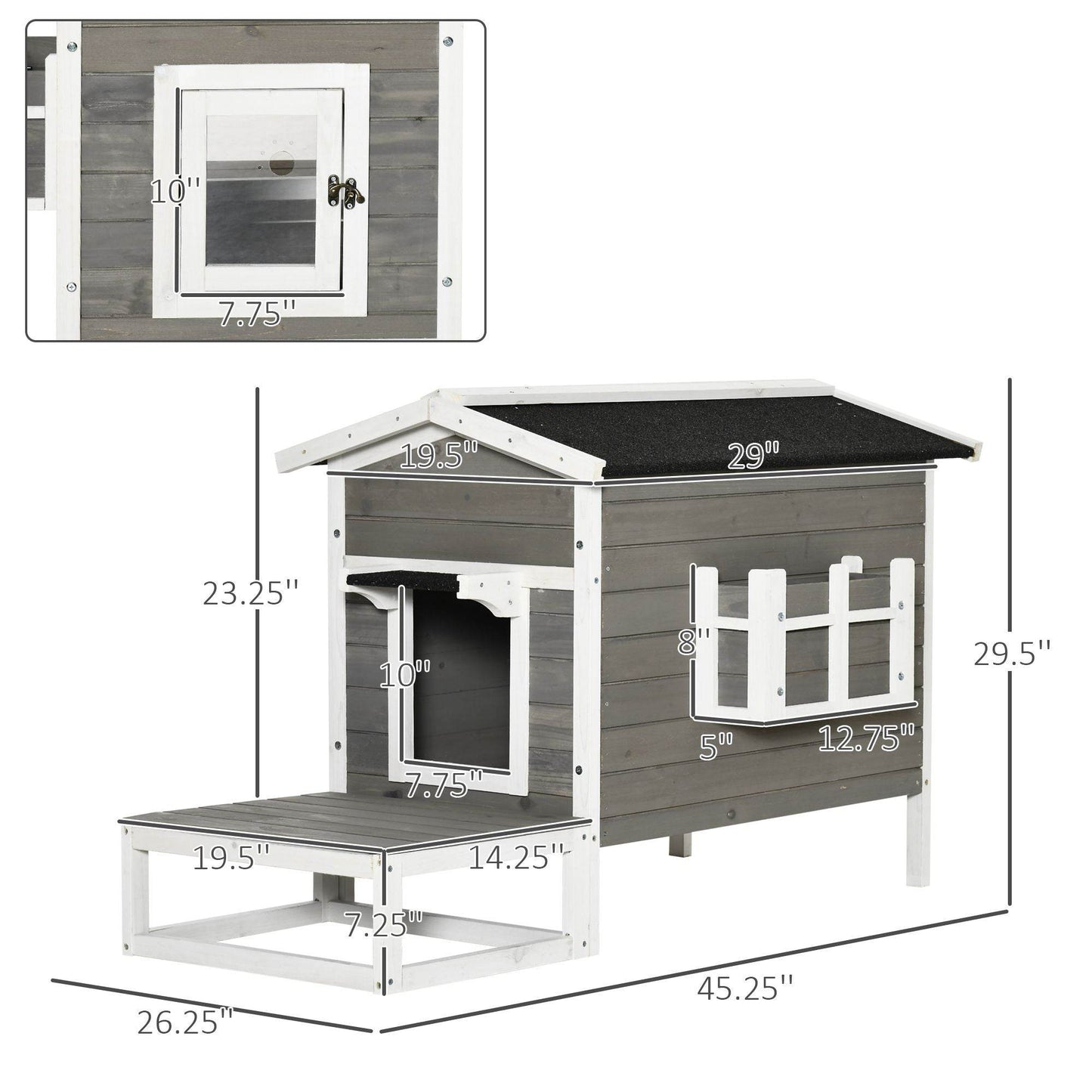 Weatherproof Outdoor Cat House with Porch & Escape Door - Feral Cat Shelter with Plant Stand | Dark Grey/White Wood Construction - Purrfect Pet Kingdom