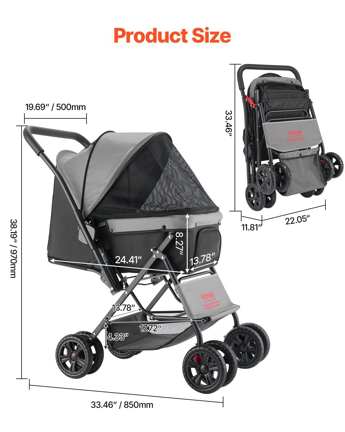 Pet Stroller Foldable 4 Wheels Travel Dog Stroller Reversible