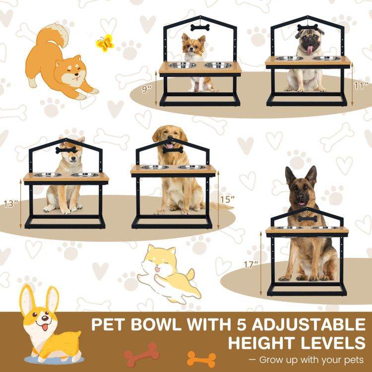 Adjustable Elevated Dog Feeder with 5 Height Settings - Premium Raised Pet Feeding Station with 2 Large Stainless Steel Bowls - Purrfect Pet Kingdom