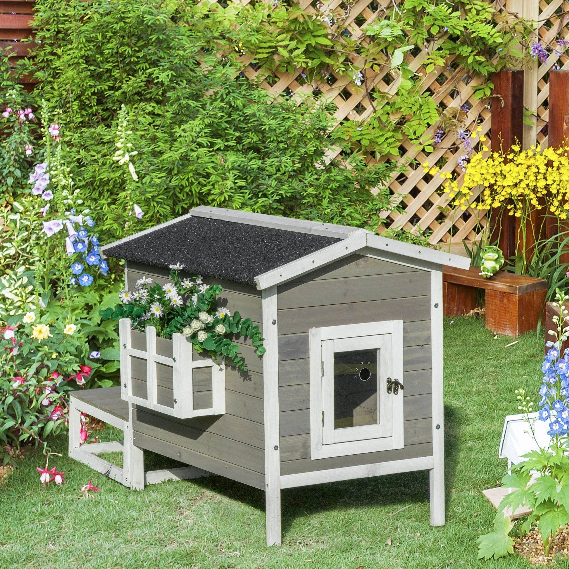Weatherproof Outdoor Cat House with Porch & Escape Door - Feral Cat Shelter with Plant Stand | Dark Grey/White Wood Construction - Purrfect Pet Kingdom