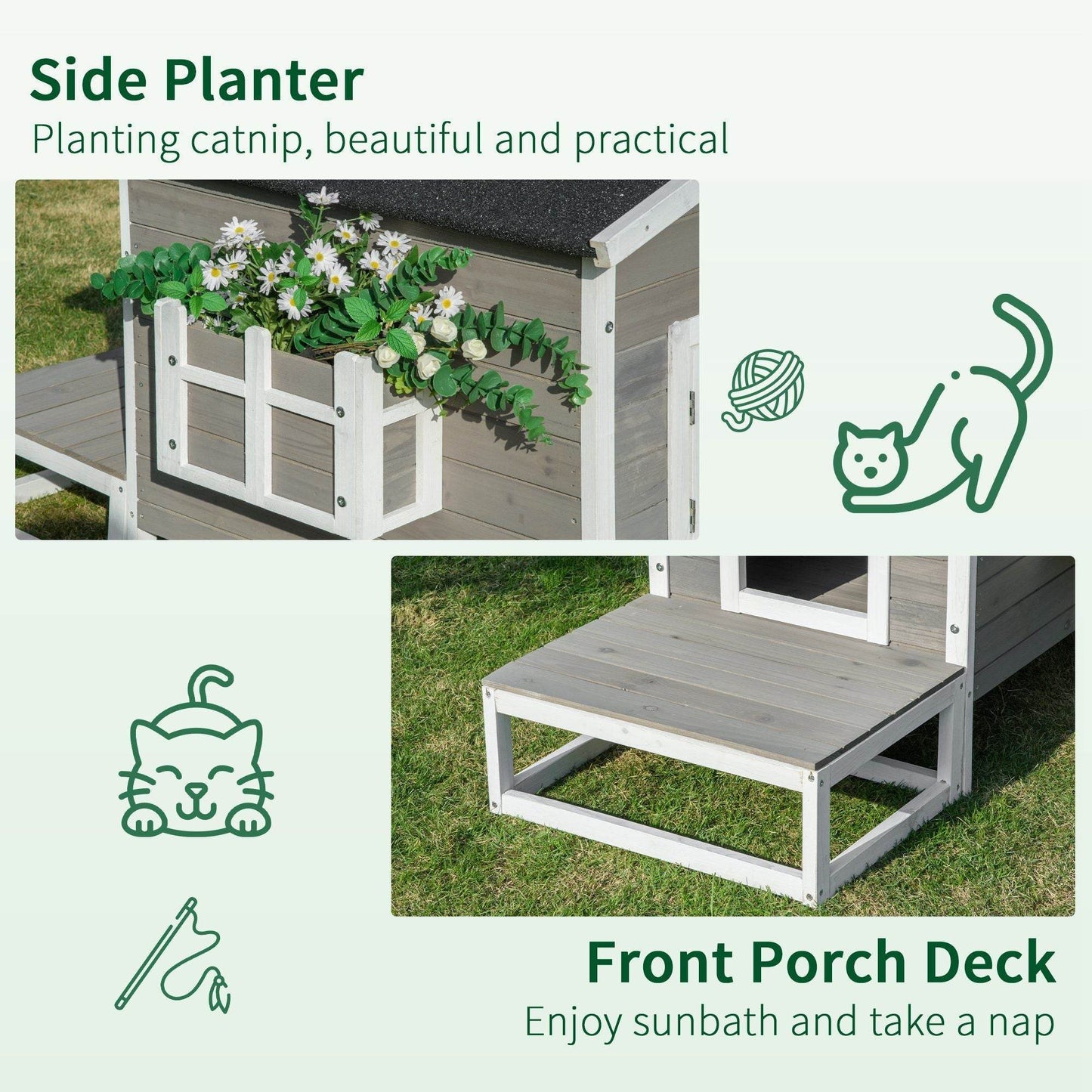 Weatherproof Outdoor Cat House with Porch & Escape Door - Feral Cat Shelter with Plant Stand | Dark Grey/White Wood Construction - Purrfect Pet Kingdom