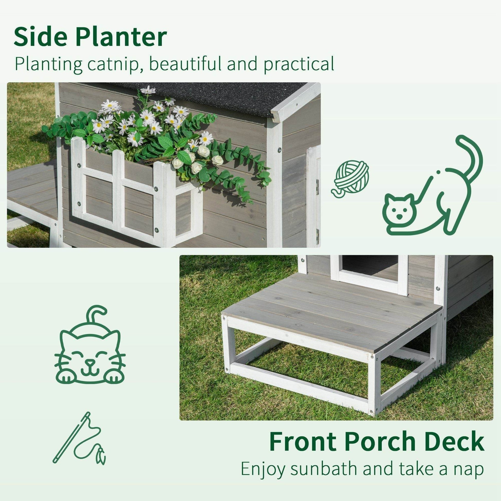 Weatherproof Outdoor Cat House with Porch & Escape Door - Feral Cat Shelter with Plant Stand | Dark Grey/White Wood Construction - Purrfect Pet Kingdom