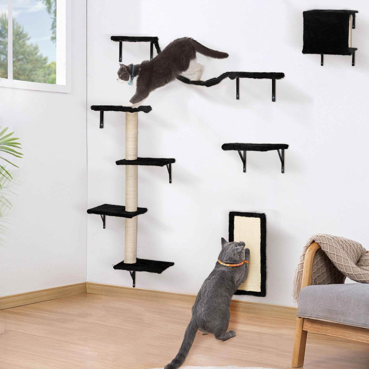 Purrfect Pet Kingdom Cat Wall Shelves Set – Elevated Perches & Scratching Posts Black Purrfect Pet Kingdom