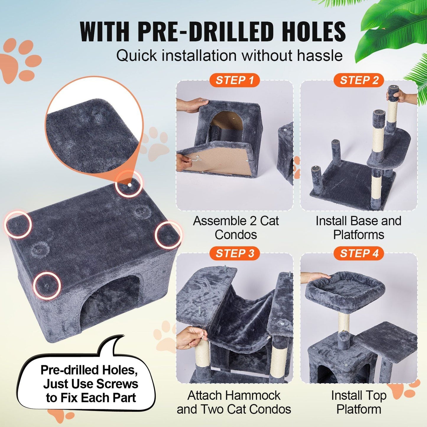 Cat Tree 72" Cat Tower with 2 Cat Condos Sisal Scratching Post Dark Grey - Cat Trees & Towers - Berry Charmz