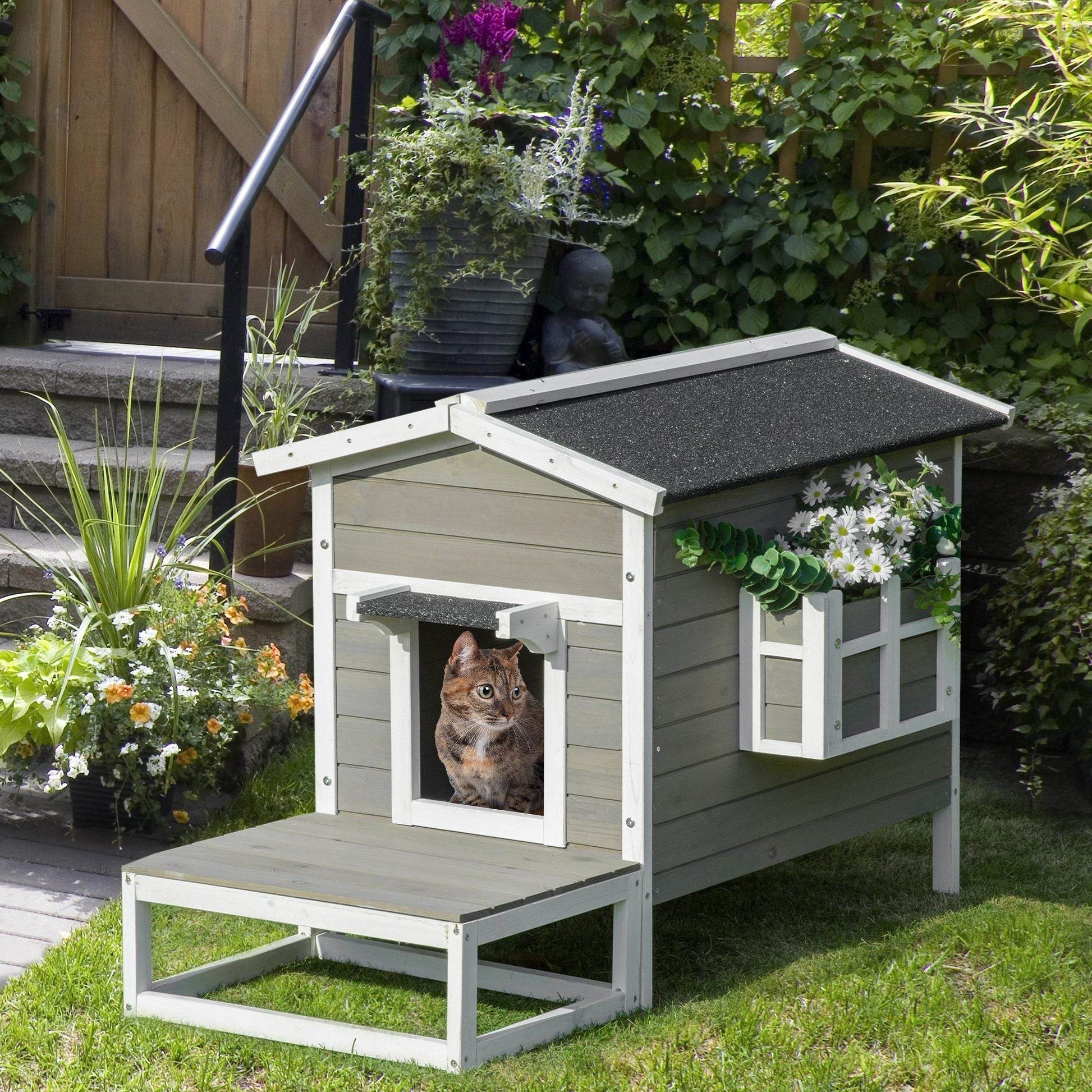 Weatherproof Outdoor Cat House with Porch & Escape Door - Feral Cat Shelter with Plant Stand | Dark Grey/White Wood Construction - Purrfect Pet Kingdom