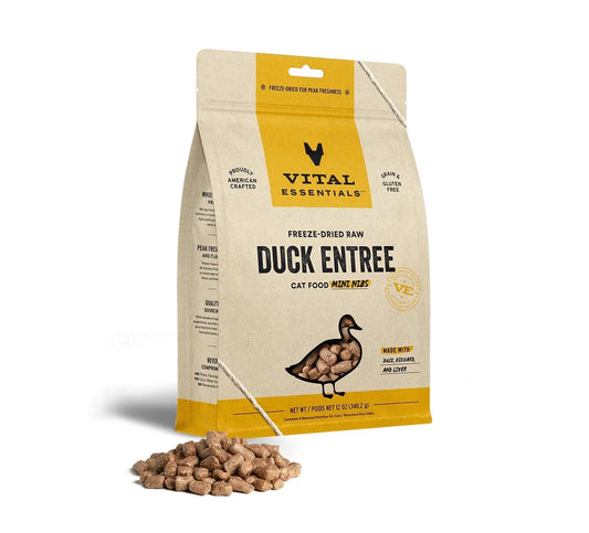Duck Mini Nibs Cat Food by Vital Essentials in a 12 oz bag, freeze-dried, from The Pet Shop, perfect for healthy feline di...