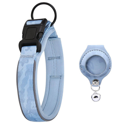 Durable AirTag case for cats and dogs with blue camo collar and matching AirTag holder with bell