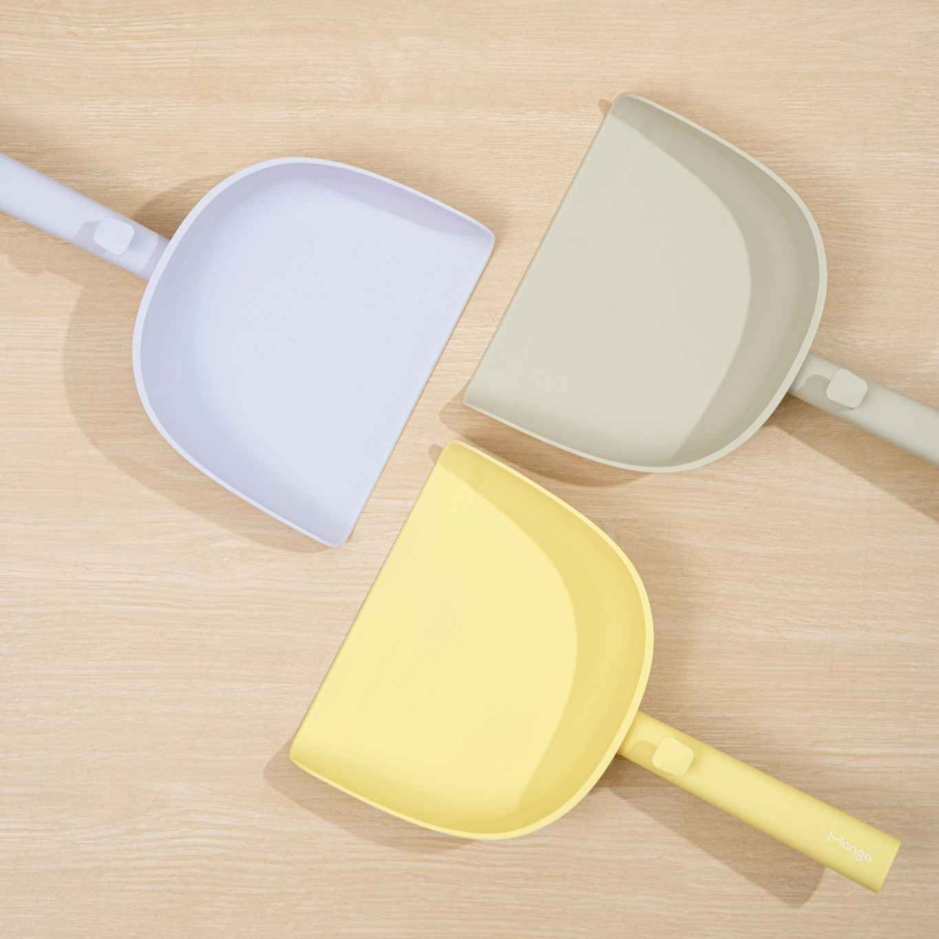 MangoPets durable cat litter changing tool set in yellow, gray, and lavender colors for easy pet care