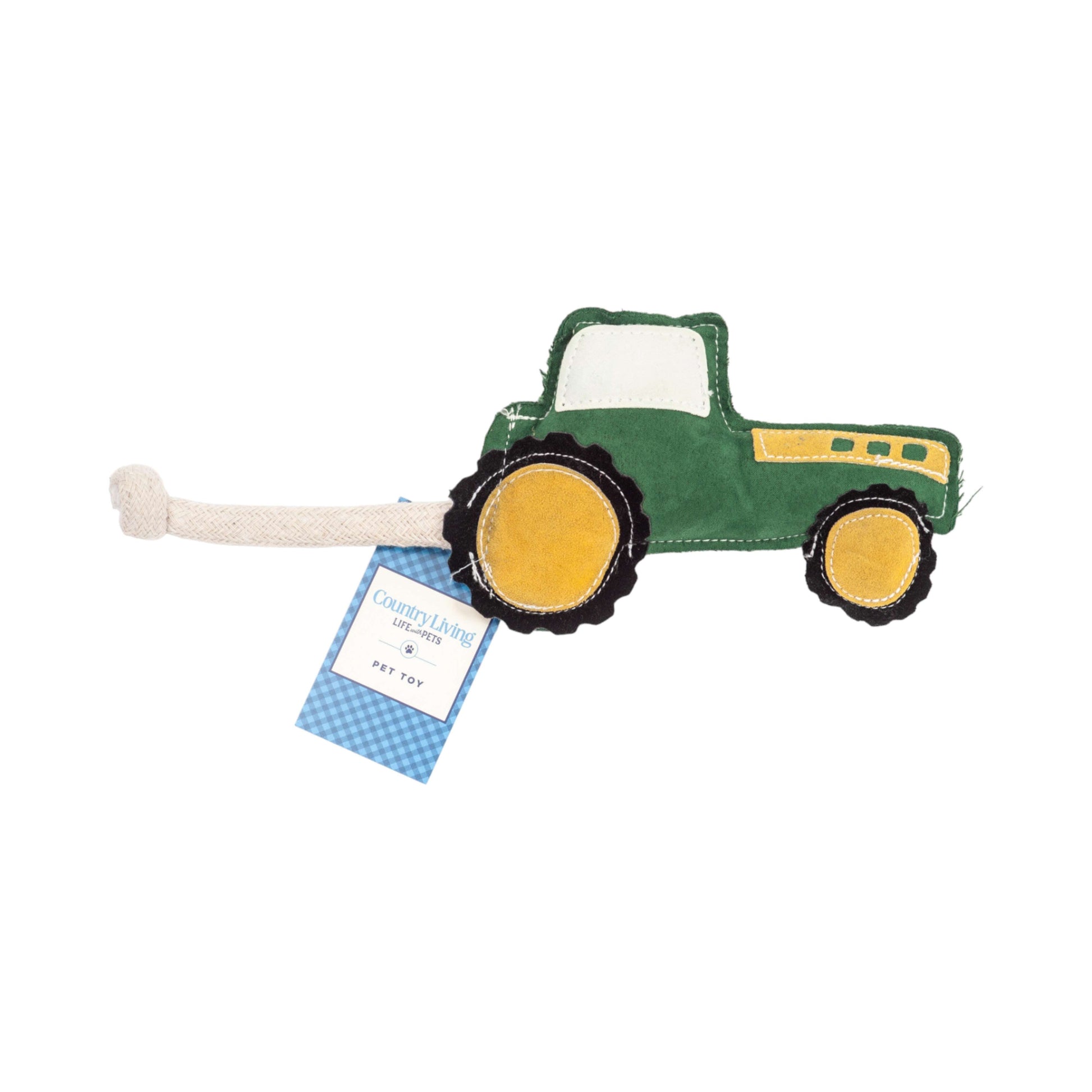 Purrfect Pet Kingdom durable chew toy for dogs designed as a green tractor with a rope tail