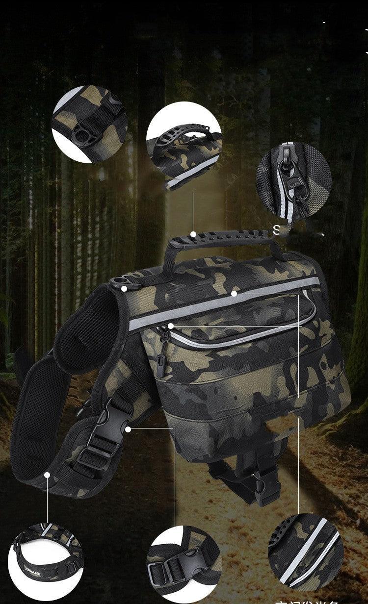THRIXINE durable dog backpack for outdoors in camouflage design, ideal for hiking and adventures