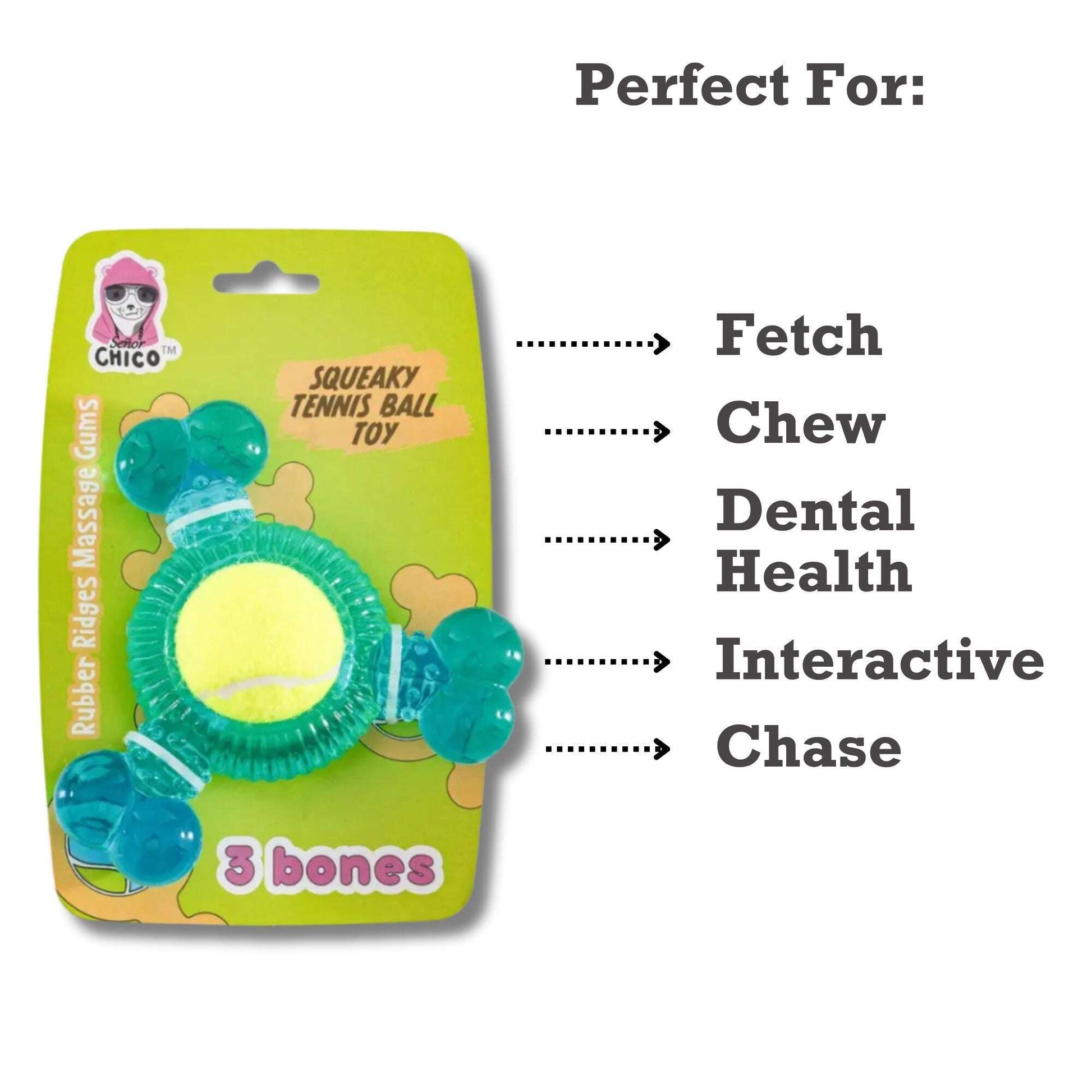 Durable dog toy for aggressive chewers designed for fetch, chew, and dental health with a squeaky tennis ball