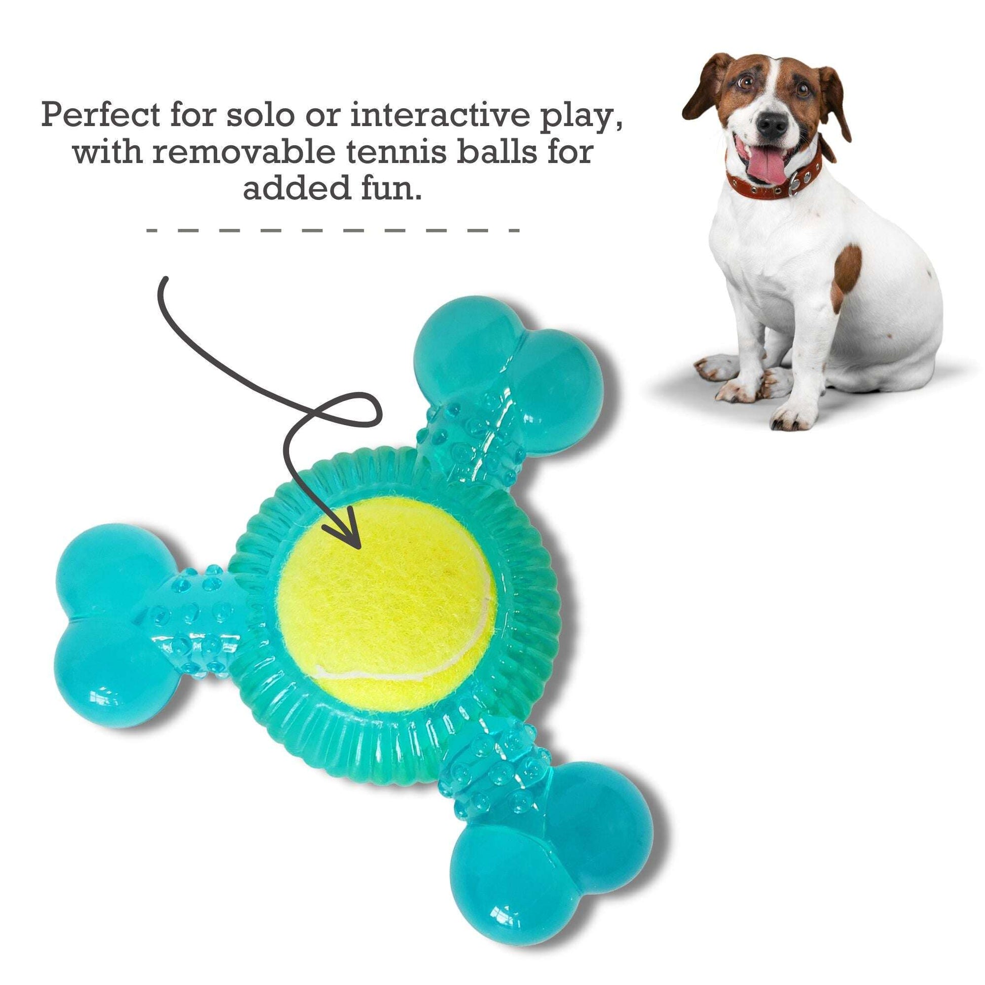 Durable dog toy for aggressive chewers with removable tennis balls for solo or interactive play