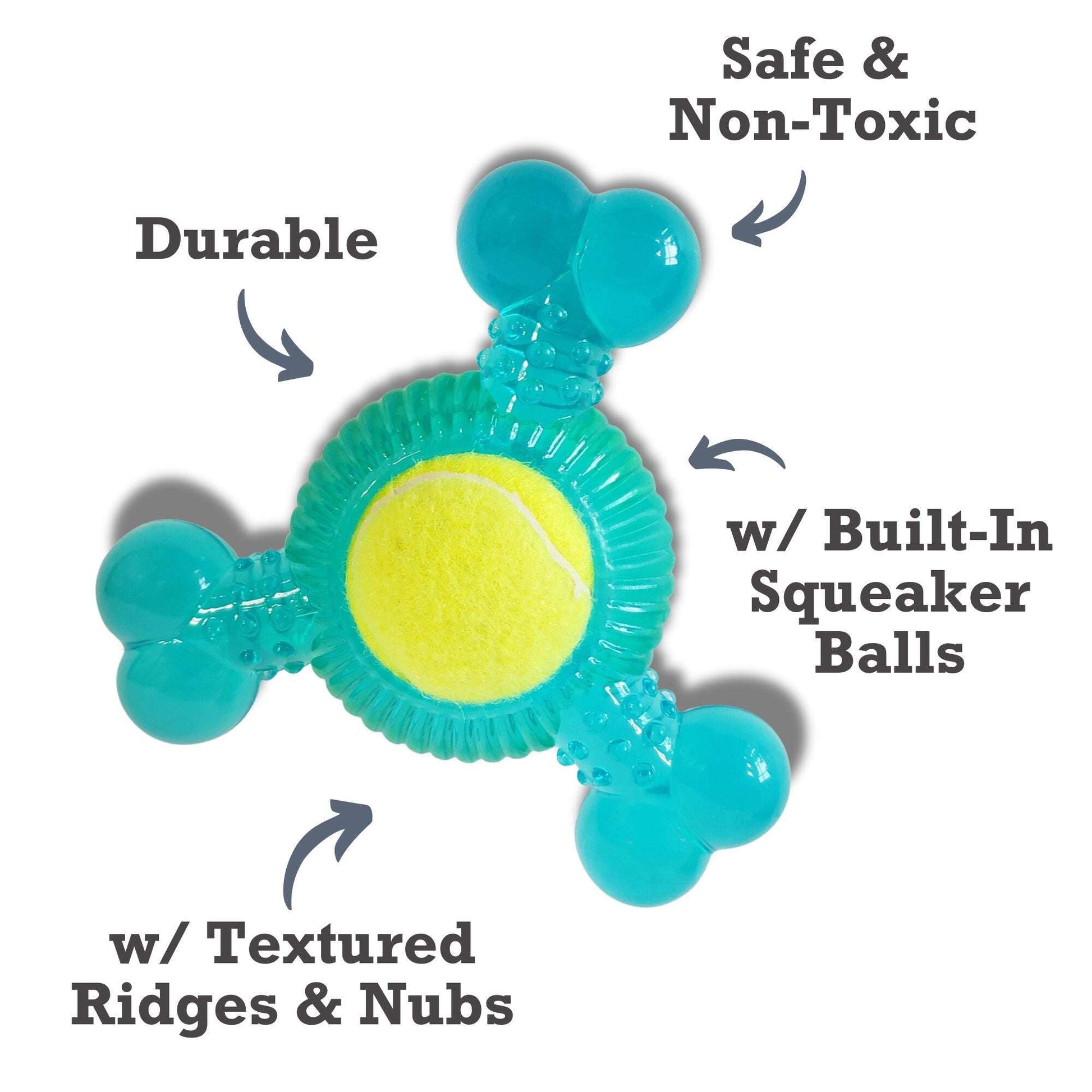 Durable dog toy for aggressive chewers with textured ridges and built-in squeaker balls