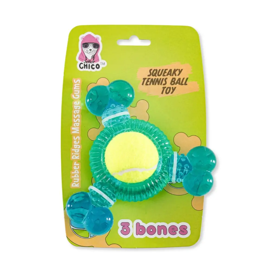 Chico Squeaky Tennis Ball Toy with Rubber Ridges, a durable dog toy for aggressive chewers