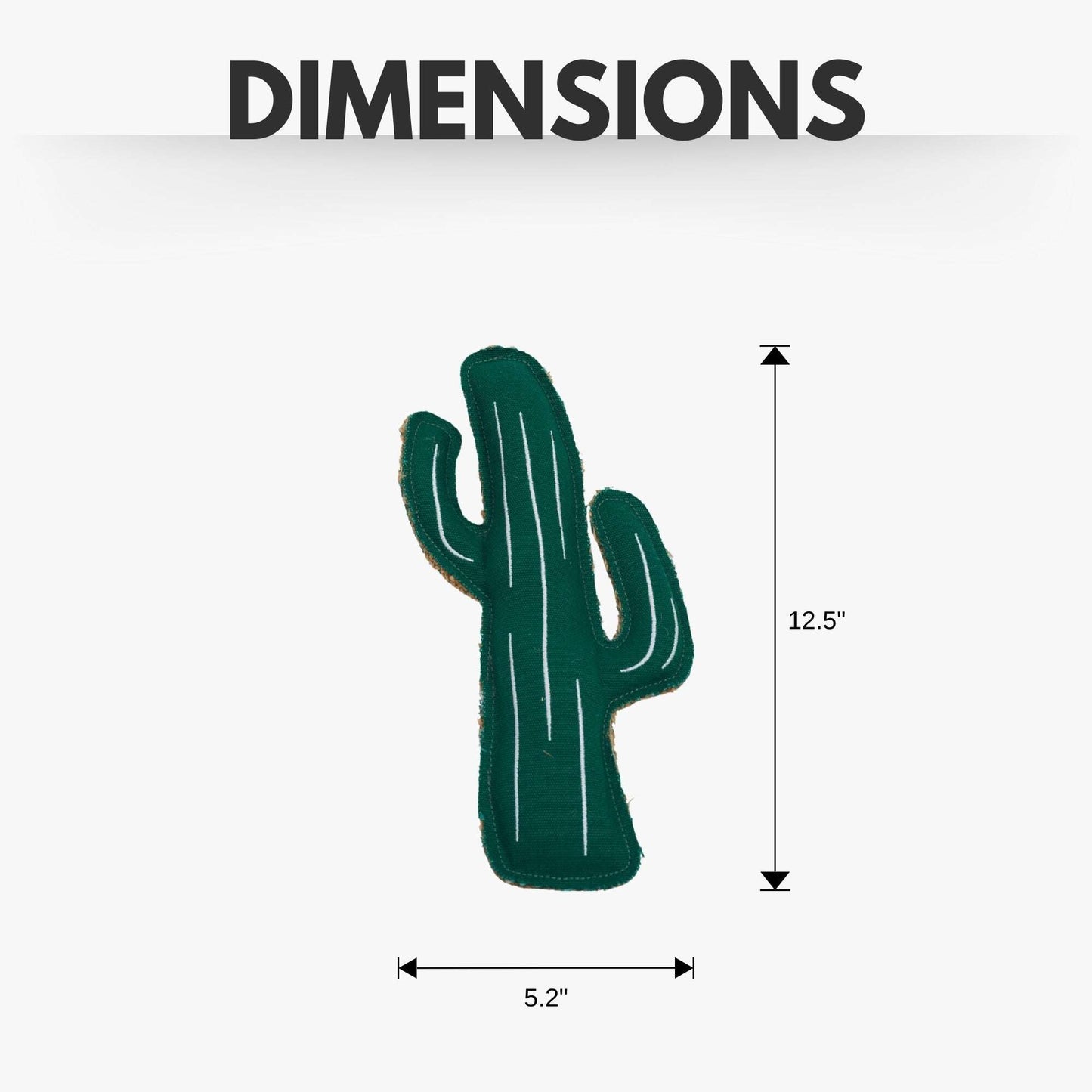 Durable pet chew toy for dogs designed in the shape of a cactus, measuring 12.5 inches tall and 5.2 inches wide