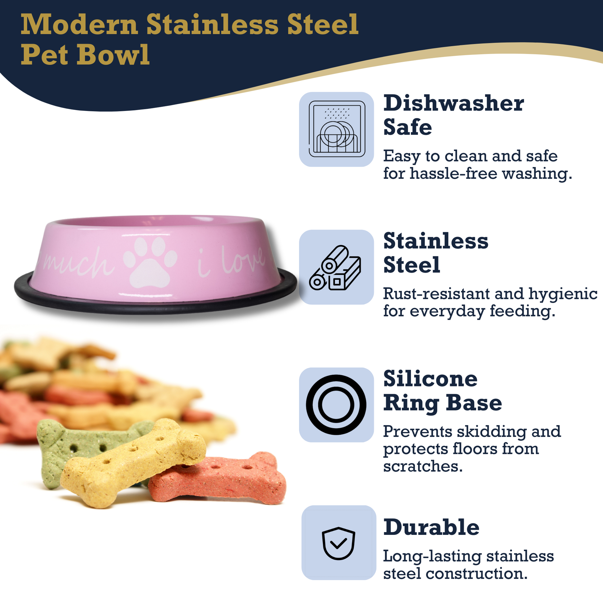 Modern stainless steel pet bowl for dogs featuring a silicone ring base and durable pet food bowl for dogs