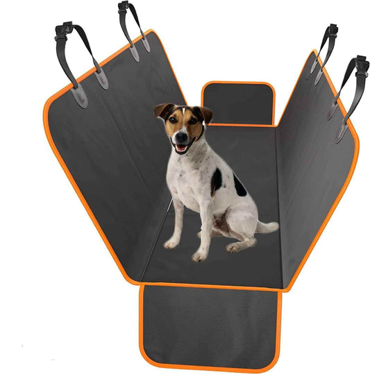 Durable pet seat cover for vehicles by Purrfect Pet Kingdom with black fabric and orange trim featuring a dog sitting inside