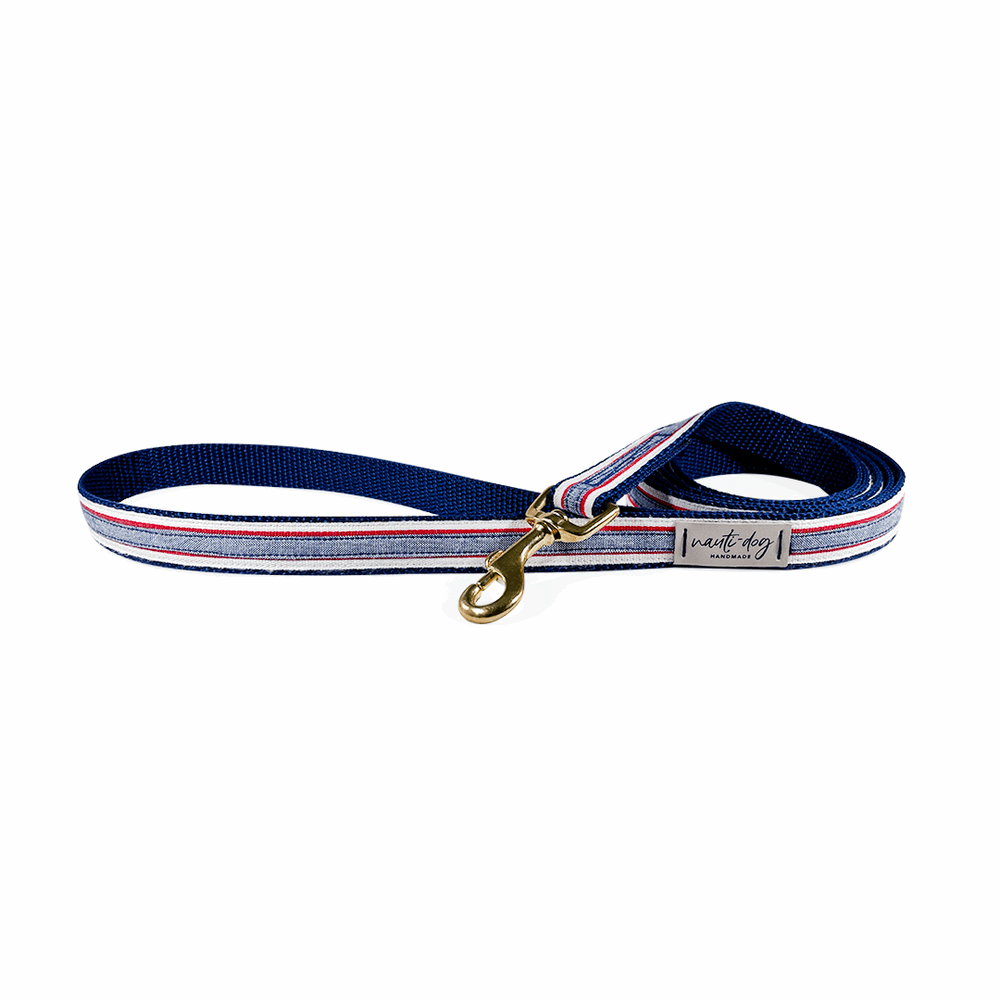 Nauti-dog Handmade premium durable ribbon dog leash with brass hardware in navy and red stripes